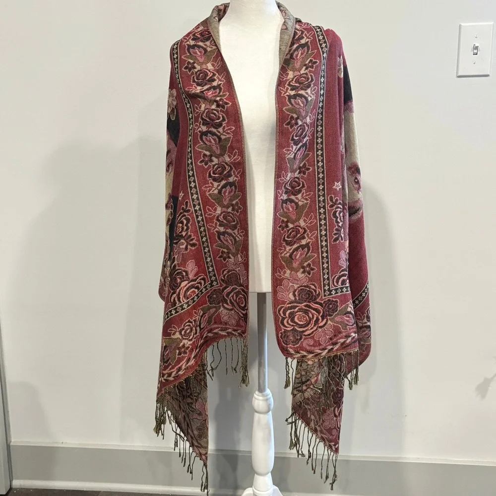 Frida Kahlo Women Shawl Wrap Scarf OS Floral Fringed Art Painter Portrait 21253